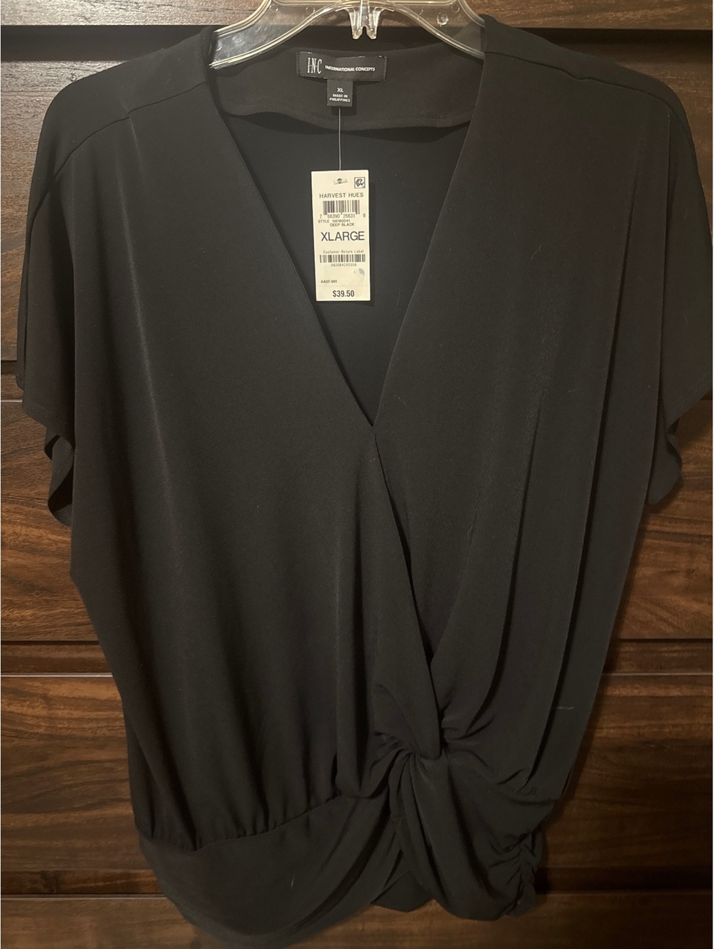 INC International Concepts Black Deep V-Neck Twist Front Blouse XL
